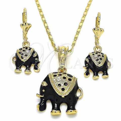 Oro Laminado Earring and Pendant Adult Set, Gold Filled Style Elephant Design, with White Crystal, Black Enamel Finish, Golden Finish, 10.351.0004.1
