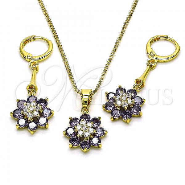 Oro Laminado Earring and Pendant Adult Set, Gold Filled Style Flower Design, with Amethyst and White Cubic Zirconia, Polished, Golden Finish, 10.387.0011.2