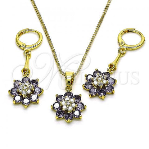 Oro Laminado Earring and Pendant Adult Set, Gold Filled Style Flower Design, with Amethyst and White Cubic Zirconia, Polished, Golden Finish, 10.387.0011.2