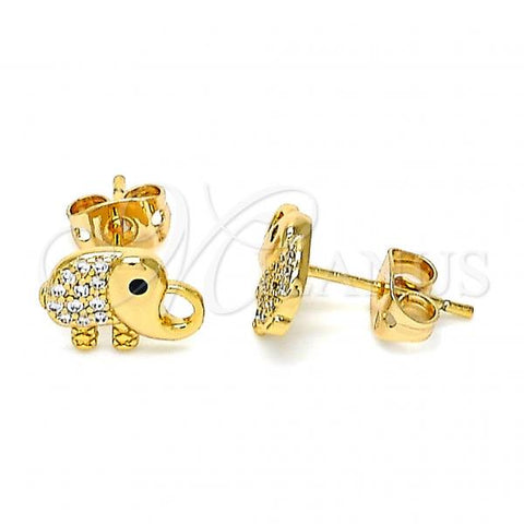 Oro Laminado Stud Earring, Gold Filled Style Elephant Design, with White and Black Micro Pave, Polished, Golden Finish, 02.213.0305
