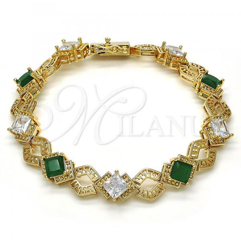 Oro Laminado Tennis Bracelet, Gold Filled Style Greek Key Design, with Green and White Cubic Zirconia, Polished, Golden Finish, 03.210.0073.3.08