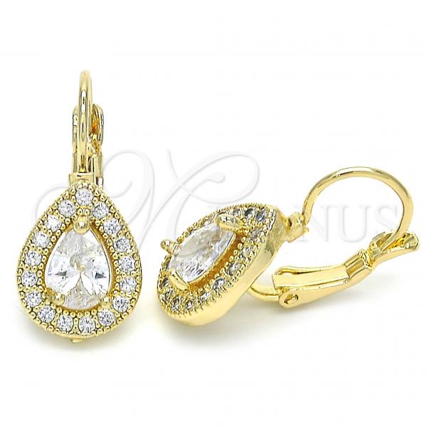 Oro Laminado Leverback Earring, Gold Filled Style Teardrop Design, with White Cubic Zirconia, Polished, Golden Finish, 02.210.0224