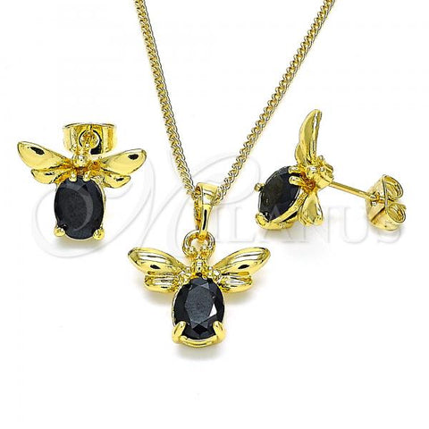 Oro Laminado Earring and Pendant Adult Set, Gold Filled Style Bee Design, with Black Crystal, Polished, Golden Finish, 10.379.0003