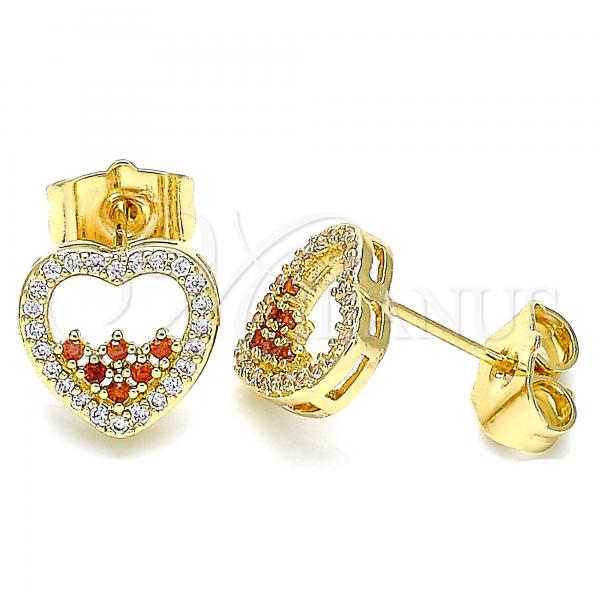 Oro Laminado Stud Earring, Gold Filled Style Heart Design, with Garnet and White Micro Pave, Polished, Golden Finish, 02.156.0500.1