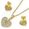 Oro Laminado Earring and Pendant Adult Set, Gold Filled Style Heart Design, with White Micro Pave, Polished, Golden Finish, 10.156.0149