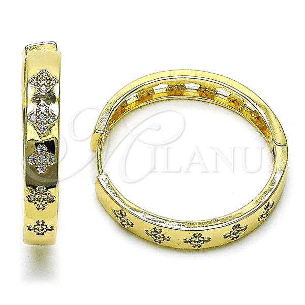 Oro Laminado Huggie Hoop, Gold Filled Style Four-leaf Clover Design, with White Cubic Zirconia, Polished, Golden Finish, 02.204.0040.35