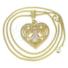 Oro Laminado Pendant Necklace, Gold Filled Style Guadalupe and Heart Design, Polished, Tricolor, 04.351.0026.20