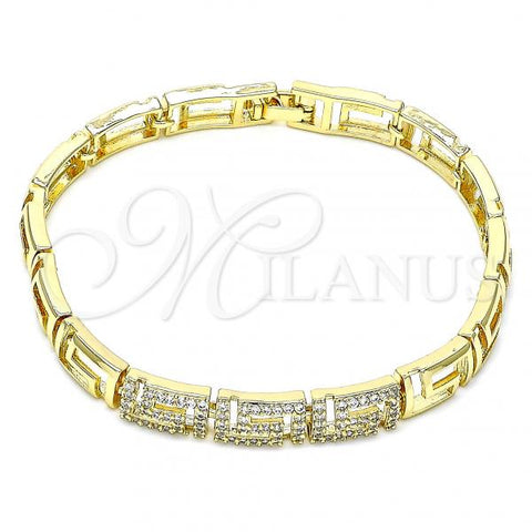 Oro Laminado Fancy Bracelet, Gold Filled Style Greek Key Design, with White Micro Pave, Polished, Golden Finish, 03.283.0056.07
