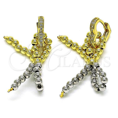 Oro Laminado Dangle Earring, Gold Filled Style Bow and Heart Design, with White Micro Pave, Polished, Two Tone, 02.362.0007