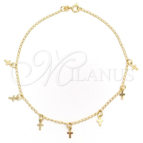 Oro Laminado Charm Anklet , Gold Filled Style Cross and Curb Design, Polished, Golden Finish, 03.02.0062.10