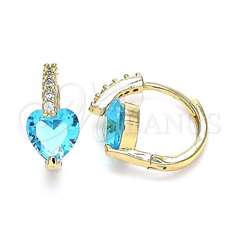 Oro Laminado Huggie Hoop, Gold Filled Style Heart Design, with Aqua Blue Cubic Zirconia, Polished, Golden Finish, 02.210.0652.2.15