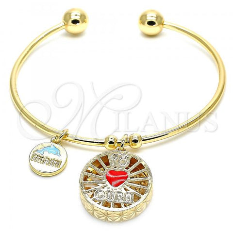 Oro Laminado Individual Bangle, Gold Filled Style Heart and Dolphin Design, with White Cubic Zirconia, Red Enamel Finish, Golden Finish, 07.106.0001 (02 MM Thickness, One size fits all)