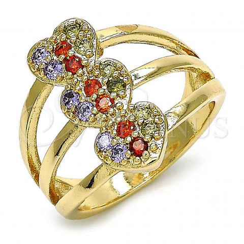 Oro Laminado Multi Stone Ring, Gold Filled Style Heart Design, with Multicolor Cubic Zirconia, Polished, Golden Finish, 01.210.0079.1.07 (Size 7)