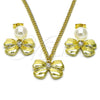 Oro Laminado Earring and Pendant Adult Set, Gold Filled Style Bow and Ball Design, with Ivory Pearl and White Crystal, Polished, Golden Finish, 10.417.0002