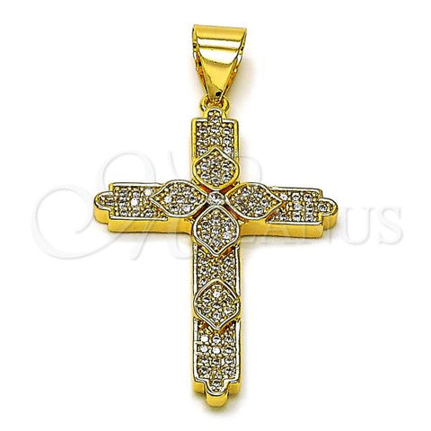 Oro Laminado Religious Pendant, Gold Filled Style Cross and Four-leaf Clover Design, with White Micro Pave, Polished, Golden Finish, 05.342.0227