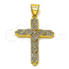 Oro Laminado Religious Pendant, Gold Filled Style Cross and Four-leaf Clover Design, with White Micro Pave, Polished, Golden Finish, 05.342.0227