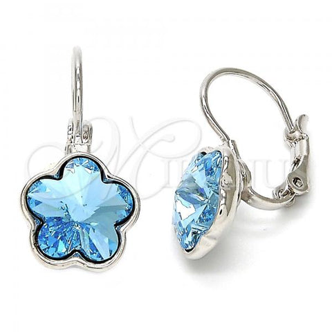 Rhodium Plated Leverback Earring, Flower Design, with Aquamarine Swarovski Crystals, Polished, Rhodium Finish, 02.239.0012.4