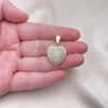 Oro Laminado Fancy Pendant, Gold Filled Style Heart Design, with White Cubic Zirconia, Polished, Golden Finish, 05.411.0023
