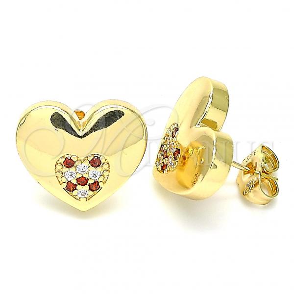 Oro Laminado Stud Earring, Gold Filled Style Heart Design, with Garnet and White Micro Pave, Polished, Golden Finish, 02.156.0524.1