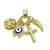 Oro Laminado Fancy Pendant, Gold Filled Style Cross and Four-leaf Clover Design, Blue Enamel Finish, Golden Finish, 05.213.0164