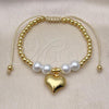 Oro Laminado Adjustable Bolo Bracelet, Gold Filled Style Ball and Heart Design, with Ivory Pearl, Polished, Golden Finish, 03.341.2284