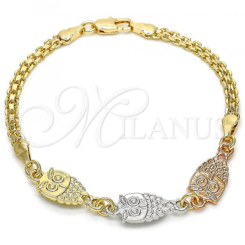 Oro Laminado Fancy Bracelet, Gold Filled Style Owl Design, Polished, Tricolor, 03.63.1892.1.08