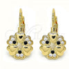 Oro Laminado Leverback Earring, Gold Filled Style Flower and Heart Design, with Black and White Micro Pave, Polished, Golden Finish, 02.210.0382.2