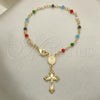 Oro Laminado Bracelet Rosary, Gold Filled Style Guadalupe and Crucifix Design, with Multicolor Azavache, Polished, Golden Finish, 09.63.0103.1.08