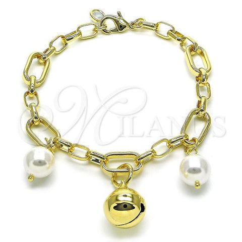 Oro Laminado Charm Bracelet, Gold Filled Style Rolo and Ball Design, with Ivory Pearl and White Cubic Zirconia, Polished, Golden Finish, 03.331.0264.09