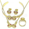 Oro Laminado Necklace, Bracelet, Earring and Ring, Gold Filled Style Ladybug Design, with Garnet and White Crystal, Polished, Golden Finish, 06.361.0033.1