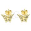 Oro Laminado Stud Earring, Gold Filled Style Butterfly Design, with White Micro Pave, Polished, Golden Finish, 02.94.0123