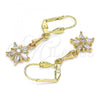 Oro Laminado Long Earring, Gold Filled Style Flower Design, with White Cubic Zirconia, Polished, Golden Finish, 02.213.0320