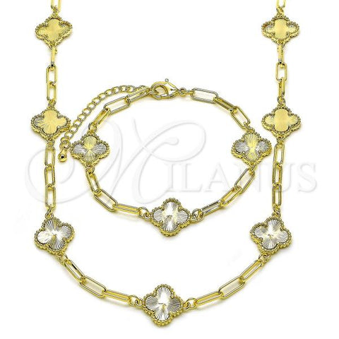 Oro Laminado Necklace and Bracelet, Gold Filled Style Four-leaf Clover and Paperclip Design, Diamond Cutting Finish, Golden Finish, 06.63.0272