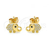 Oro Laminado Stud Earring, Gold Filled Style Elephant Design, with White and Black Micro Pave, Polished, Golden Finish, 02.213.0305