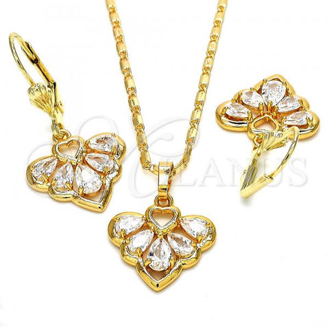 Oro Laminado Earring and Pendant Adult Set, Gold Filled Style Heart and Teardrop Design, with White Cubic Zirconia, Polished, Golden Finish, 10.287.0022