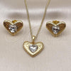 Oro Laminado Earring and Pendant Adult Set, Gold Filled Style Heart Design, with White Crystal, Polished, Golden Finish, 10.379.0091