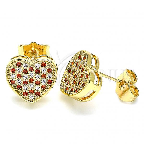 Oro Laminado Stud Earring, Gold Filled Style Heart Design, with Garnet and White Micro Pave, Polished, Golden Finish, 02.94.0080.1