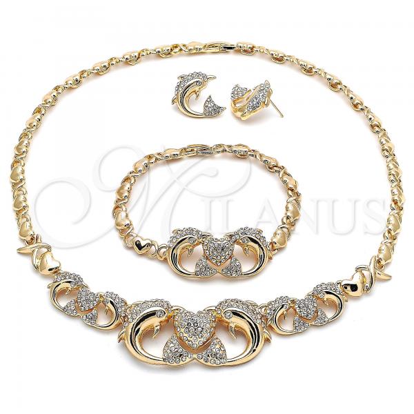 Oro Laminado Necklace, Bracelet and Earring, Gold Filled Style Hugs and Kisses and Dolphin Design, with White Crystal, Polished, Golden Finish, 06.372.0042