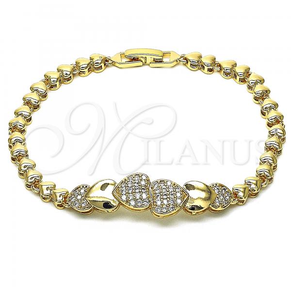 Oro Laminado Fancy Bracelet, Gold Filled Style Heart Design, with White Micro Pave, Polished, Golden Finish, 03.283.0168.08