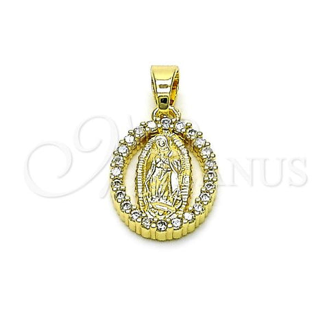 Oro Laminado Religious Pendant, Gold Filled Style Guadalupe Design, with White Cubic Zirconia, Polished, Golden Finish, 05.210.0007