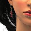 Oro Laminado Necklace and Earring, Gold Filled Style Teardrop and Leaf Design, with Ruby and White Cubic Zirconia, Polished, Golden Finish, 06.221.0004