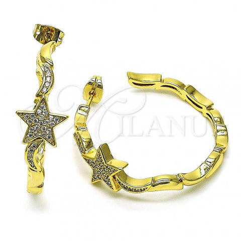 Oro Laminado Stud Earring, Gold Filled Style Star and Moon Design, with White Micro Pave, Polished, Golden Finish, 02.341.0126