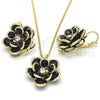 Oro Laminado Earring and Pendant Adult Set, Gold Filled Style Flower Design, with Black and White Crystal, Polished, Golden Finish, 10.64.0158.4