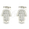 Sterling Silver Stud Earring, Hand of God Design, with White Micro Pave, Polished, Rhodium Finish, 02.336.0132