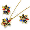 Oro Laminado Earring and Pendant Adult Set, Gold Filled Style Flower Design, with Multicolor Crystal, Polished, Golden Finish, 10.64.0155.5