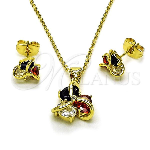 Oro Laminado Earring and Pendant Adult Set, Gold Filled Style Love Knot Design, with White and Black Cubic Zirconia, Polished, Golden Finish, 10.156.0509