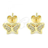 Oro Laminado Stud Earring, Gold Filled Style Butterfly Design, with White Micro Pave, Polished, Golden Finish, 02.156.0443