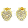 Oro Laminado Stud Earring, Gold Filled Style Heart Design, with White Micro Pave, Polished, Golden Finish, 02.156.0508