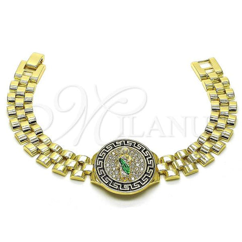 Oro Laminado Fancy Bracelet, Gold Filled Style San Judas and Greek Key Design, with White Micro Pave, Black Enamel Finish, Two Tone, 03.411.0014.1.08