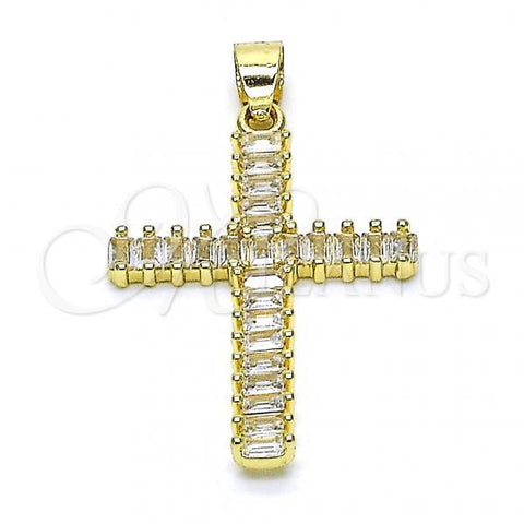 Oro Laminado Religious Pendant, Gold Filled Style Cross and Baguette Design, with White Cubic Zirconia, Polished, Golden Finish, 05.102.0054